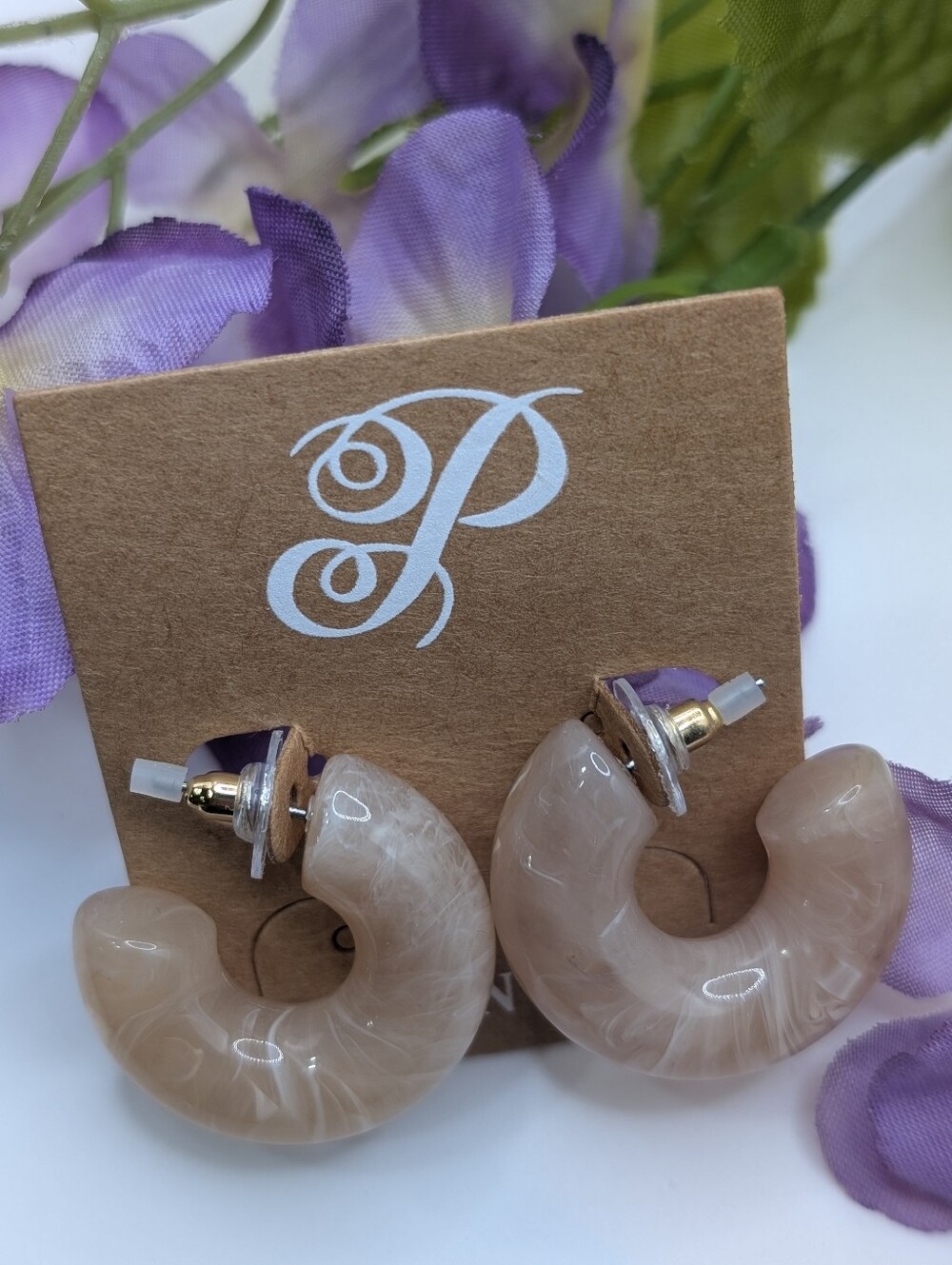 Plunder Chunky Caramel Latte Marble Swirl Acrylic Lightweight Hoop Earrings NEW!